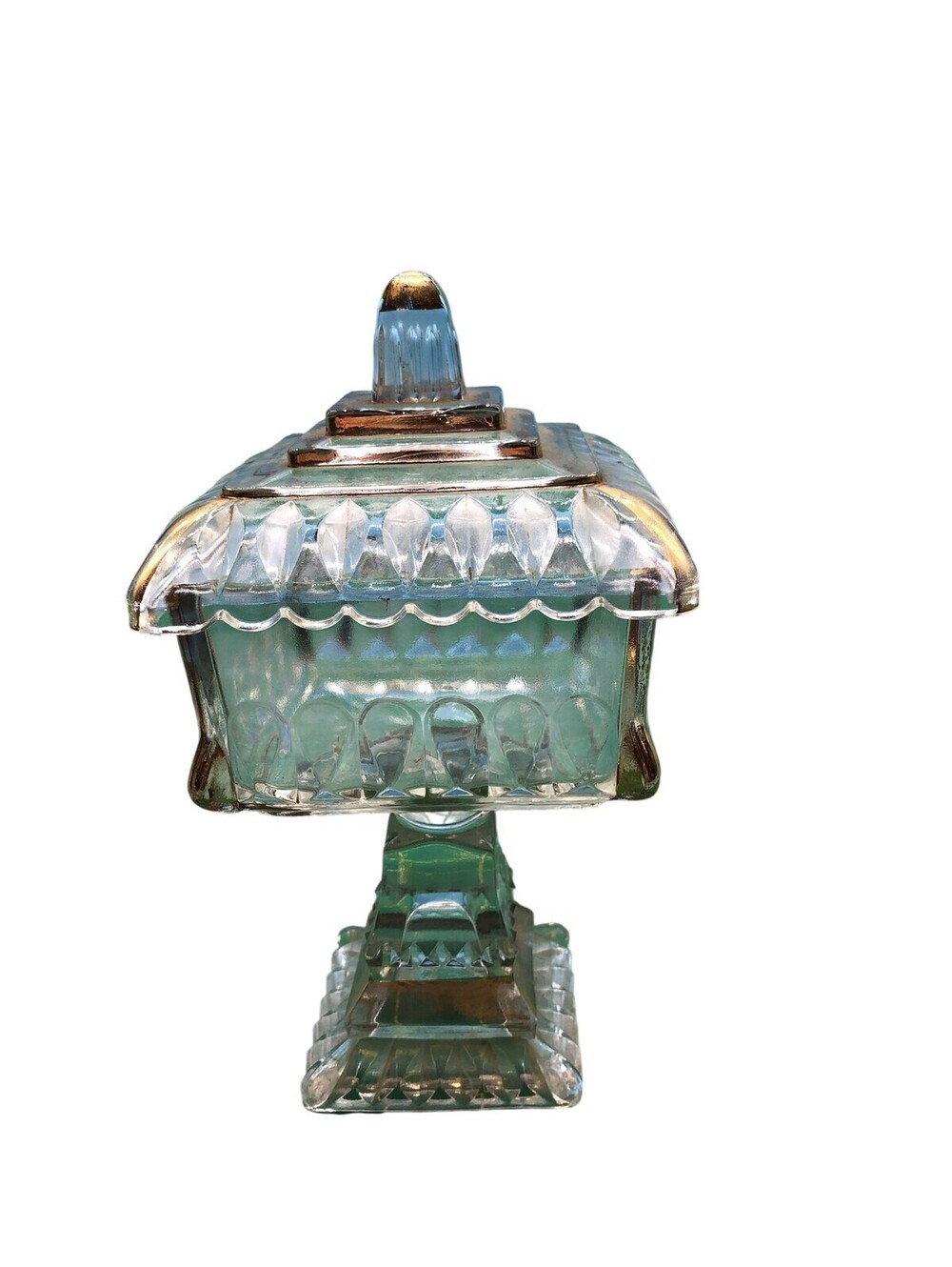Vintage Jeannette Glass Clear Trinket Wedding Box Pedestal Art Deco USA Decor